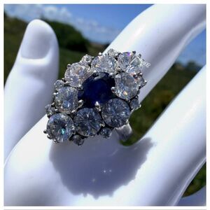Vintage CTS 925 Sterling Silver Sapphire & CZ Cluster Cocktail Ring